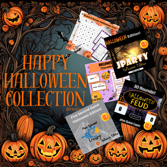 A collection of Halloween-themed party games including 'Halloween Feud', 'Halloween JParty', 'Halloween Five Second Frenzy', 'Halloween Charades', and 'Halloween Scare-A-Gories'. The image features pumpkins, candles, and a spooky background.