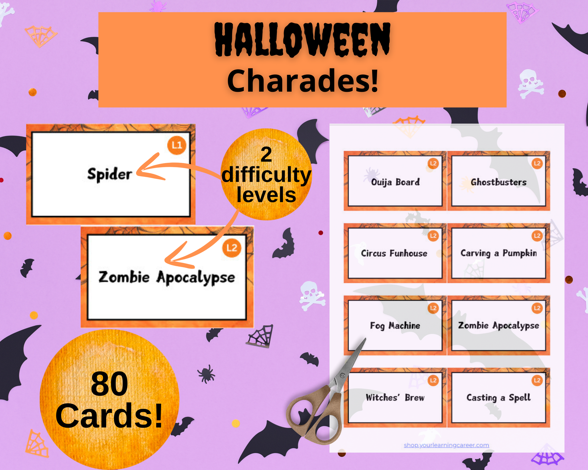 Halloween charades printable game with 80 themed clue cards