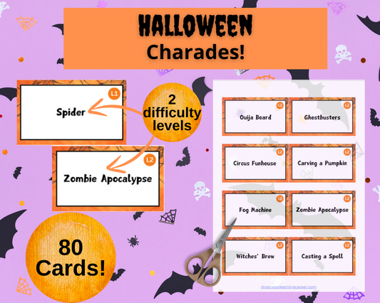 Halloween charades printable game with 80 themed clue cards