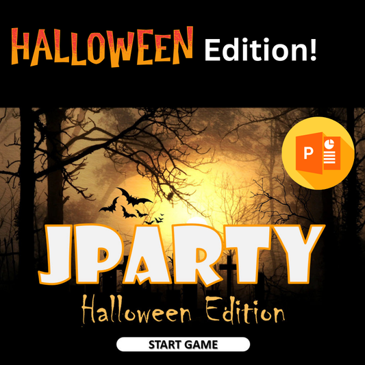 Promotional graphic for JParty Halloween Edition, featuring a spooky forest scene with a full moon, bats, and the silhouette of a castle tower.