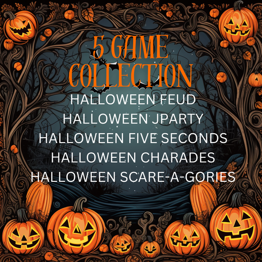 Pumpkin background and list of Halloween Games: Halloween Feud, Halloween Jeopardy, Halloween Five Seconds, Halloween Charades and Halloween Scare-A-Gories