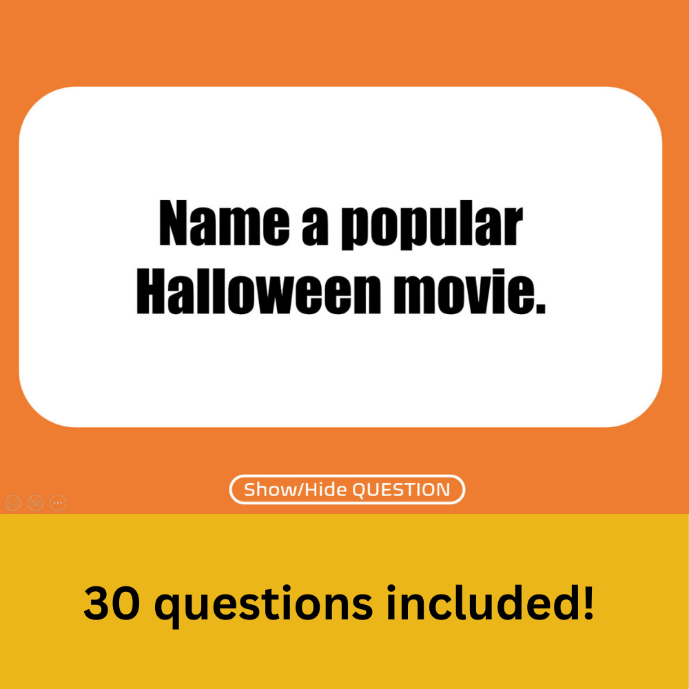 Halloween party activities Family Feud game board with survey question and text - 30 questions included