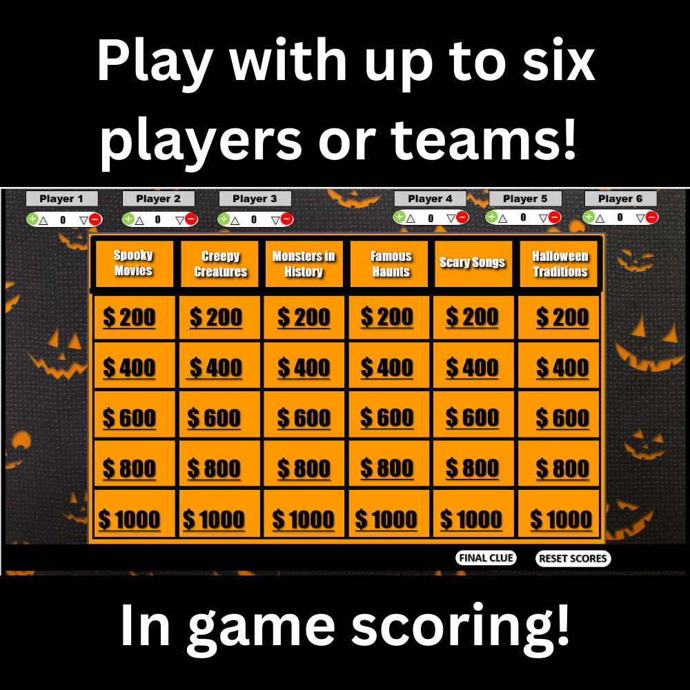 Halloween Jeopardy game main board with spooky themed trivia categories. Text: Play with up to six players or teams! In game scoring!