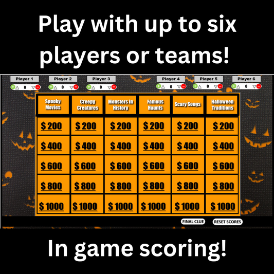 Halloween Jeopardy game main board with spooky themed trivia categories. Text: Play with up to six players or teams! In game scoring!