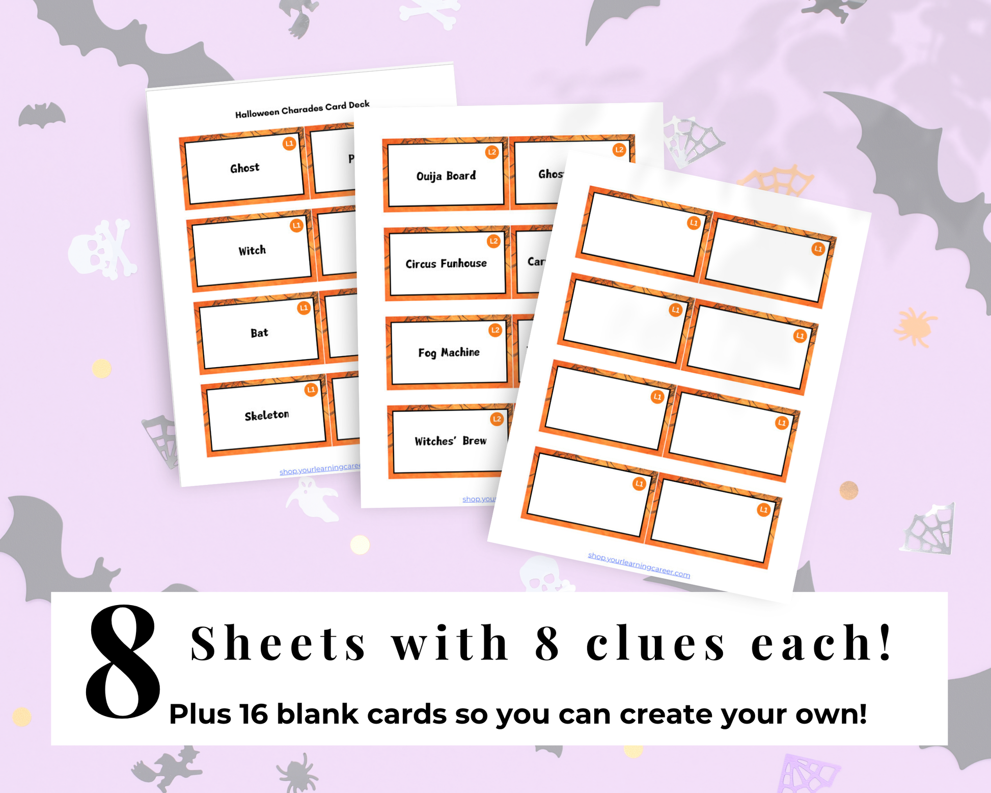 Halloween party activities charades clue cards with spooky themes. Text: 8 sheets with 8 clues each plus 16 blank cards so you can create your own!