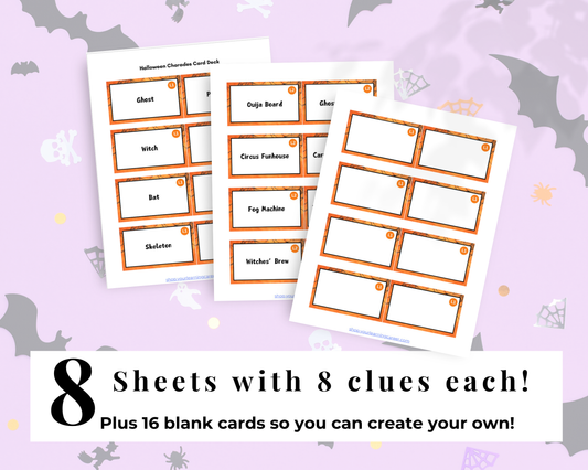 Halloween party activities charades clue cards with spooky themes. Text: 8 sheets with 8 clues each plus 16 blank cards so you can create your own!