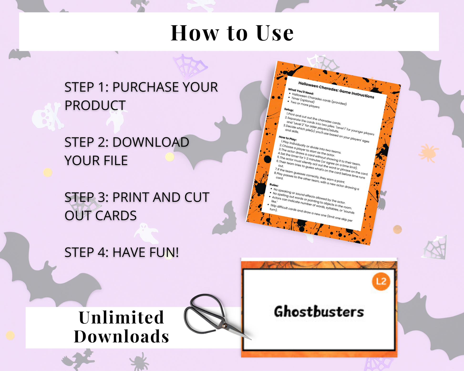 Instructions on how to use the Halloween Charades game