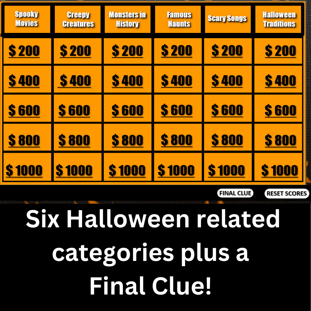 Halloween games Jeopardy edition with themed trivia categories. Text: Six Halloween related categories plus a Final Clue!