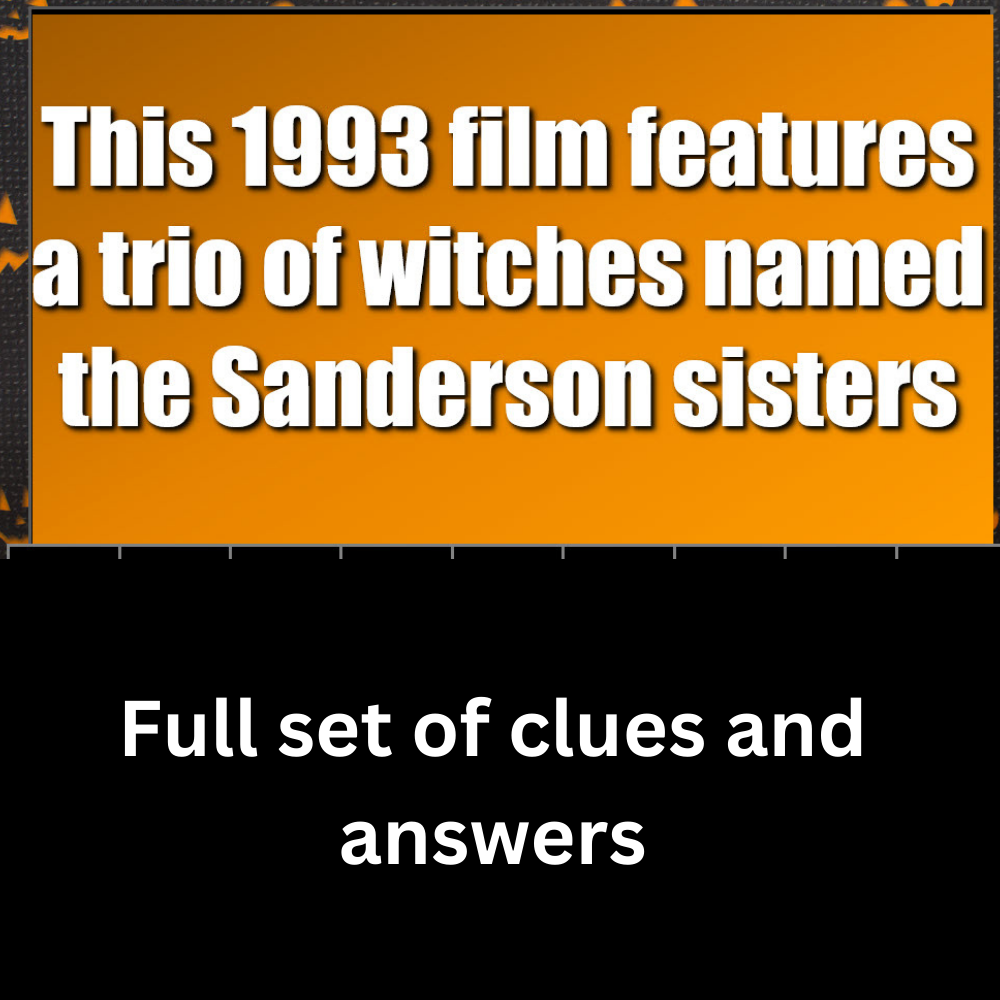 Halloween Jeopardy game trivia question screen with spooky themes. Text: Full set of clues and answers
