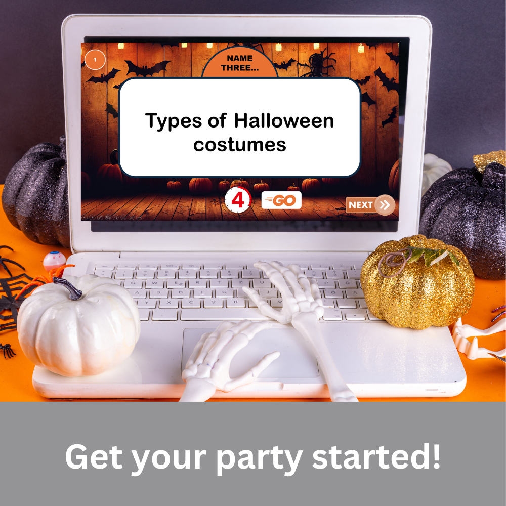 Halloween 5 Seconds Game displayed on a laptop sitting on a Halloween themed table.  Text: Get your party started!