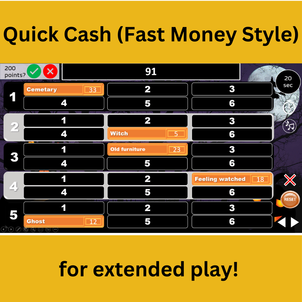 Halloween Family Feud game Fast Money round board with text: Quick Cash (Fast Money Style) for extended play!