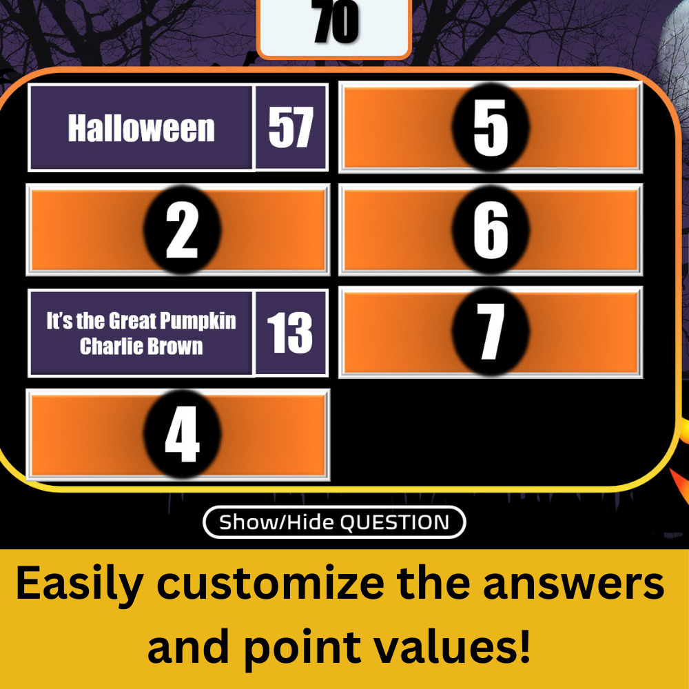Halloween Family Feud game board with survey answers and text saying "Easily customize the answers and point values"