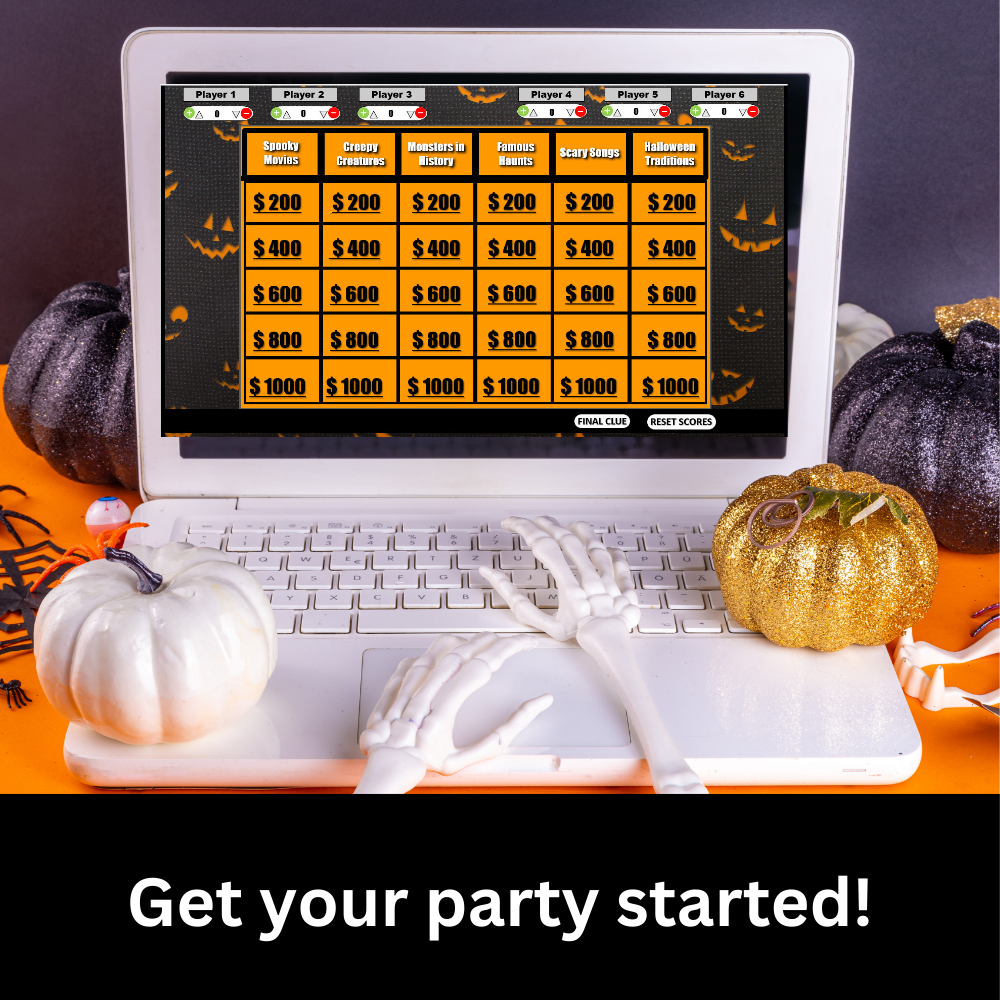 Halloween Jeopardy game main board displayed on a laptop screen.  The laptop is on a Halloween themed table. Text: Get your party started!