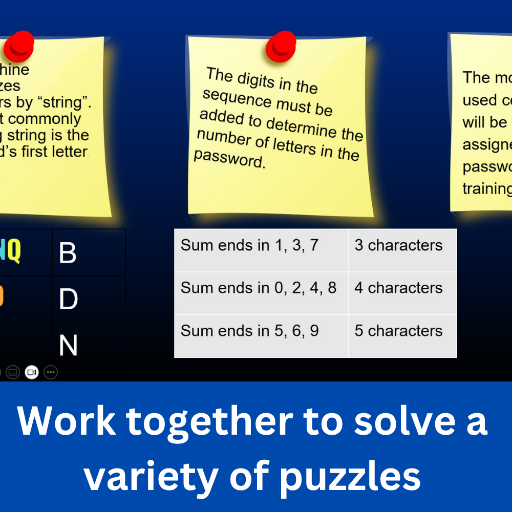 Work together to solve a variety of puzzles. Shows puzzle example from the Escape Room team building activity.