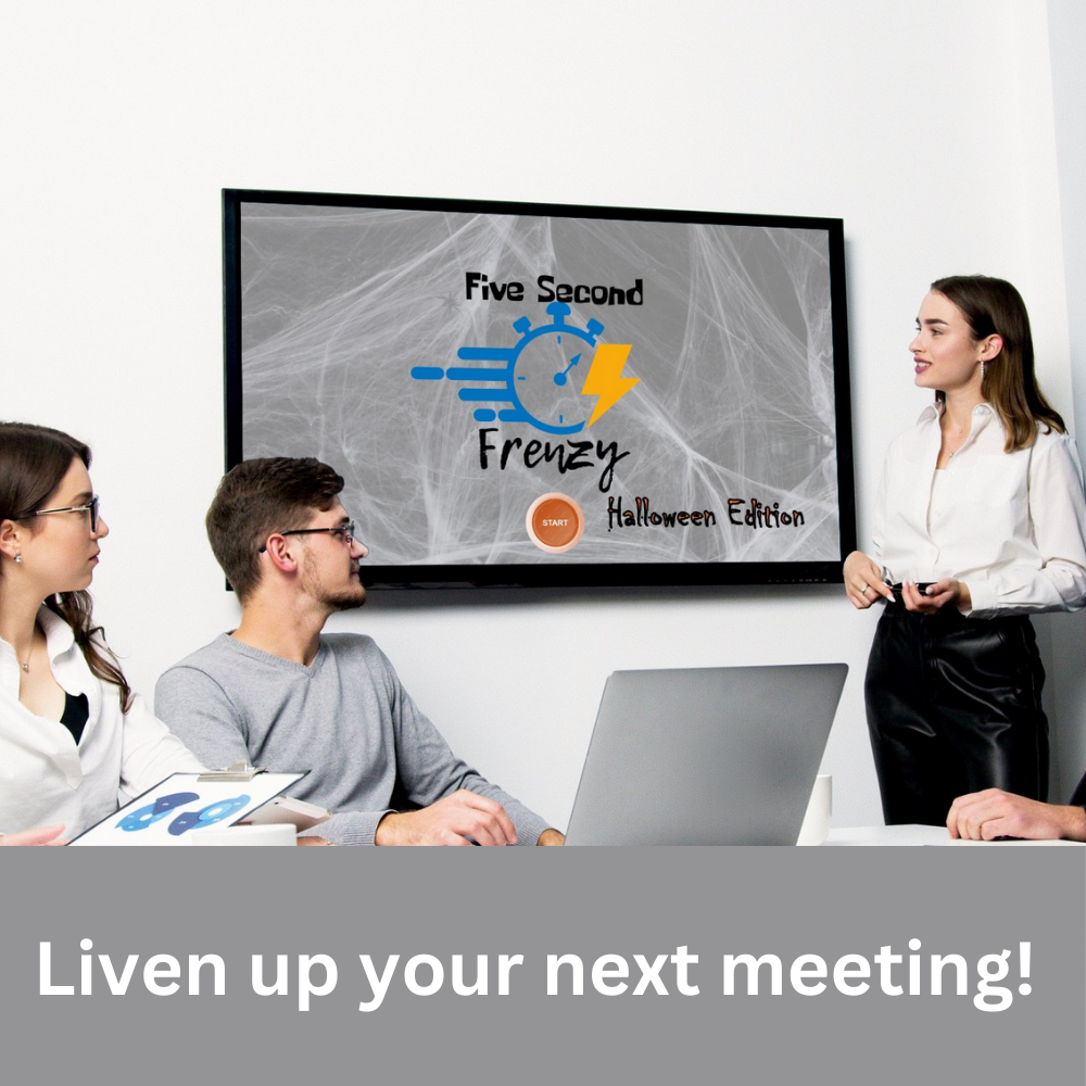 Halloween 5 Seconds Game displayed in a professional setting.  Text: Liven up your next meeting!