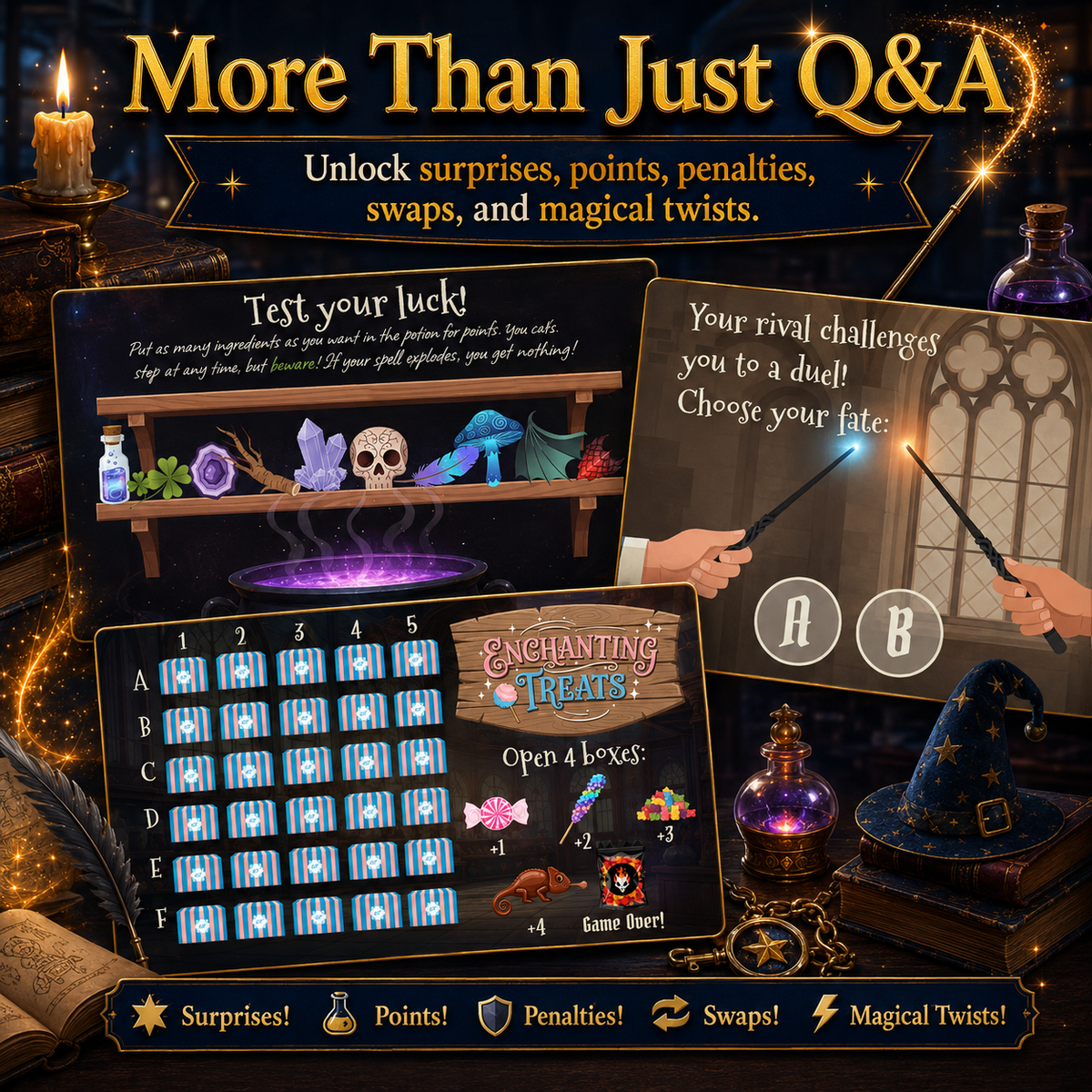 Game board with magical elements and text about surprises, points, penalties, and swaps.