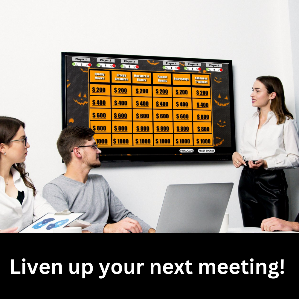 Halloween Jeopardy game displayed on a screen in a business setting.  Text: Liven up your next meeting!