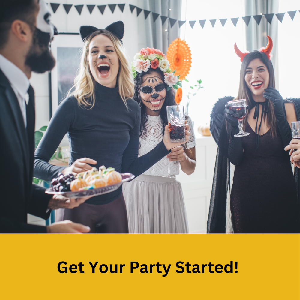 Guests at a Halloween Party with text saying Get Your Party Started!