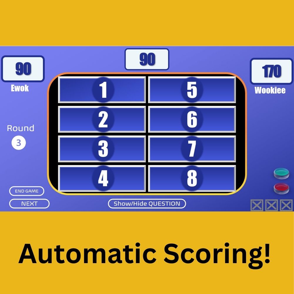 Family Feud game template survey board showing scores and text saying "Automatic Scoring"