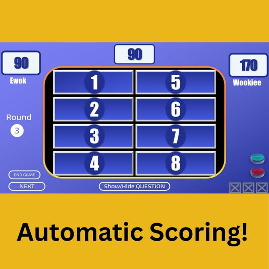 Family Feud game template survey board showing scores and text saying "Automatic Scoring"
