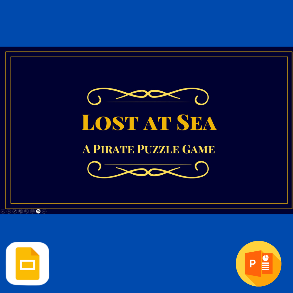 Title slide for Lost At Sea Pirate Puzzle Game team building activity.