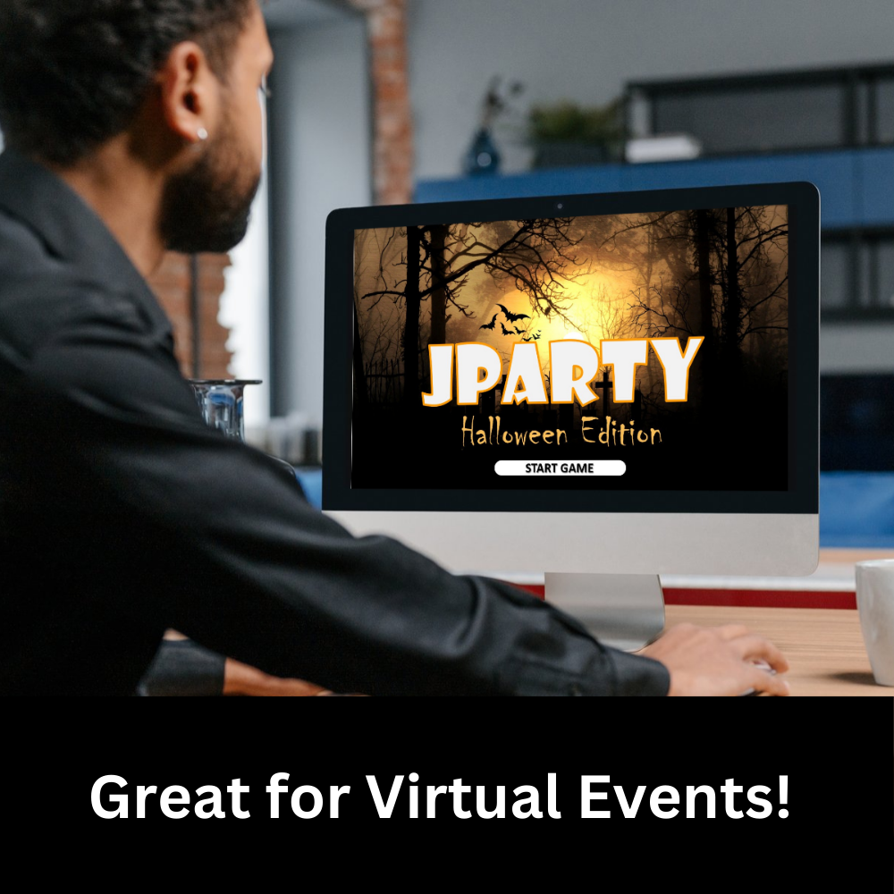 Man viewing Halloween Jeopardy game on a laptop screen in his home.  Text: Great for Virtual Events!