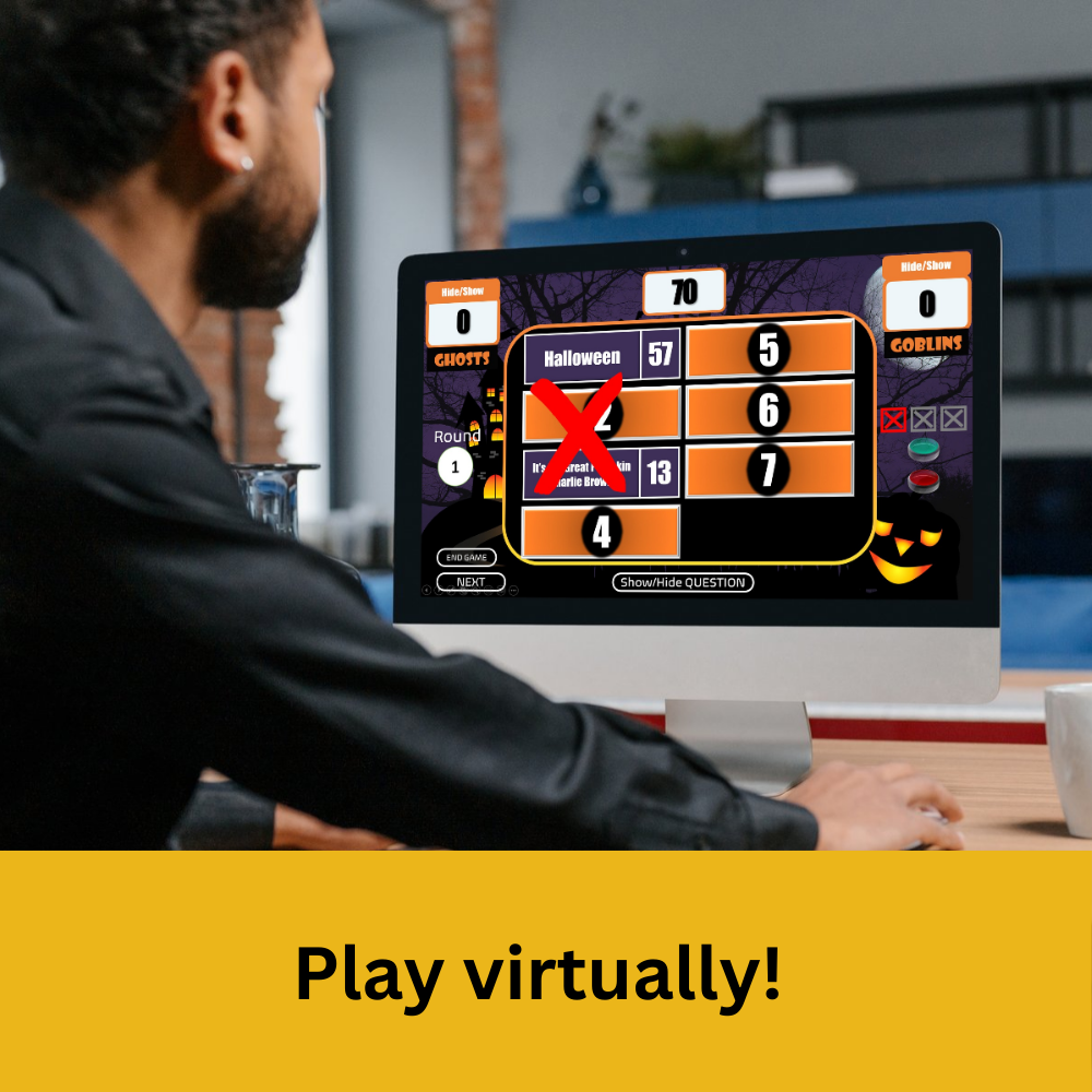 Man playing Halloween Family Feud game at a computer with text saying "Play virtually!"