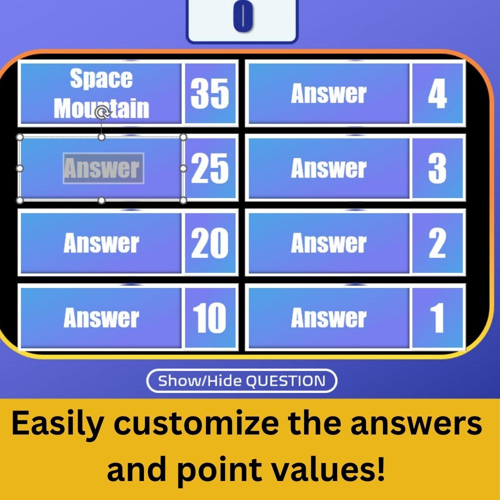 Customizable Family Feud game template with editable answers and text "Easily customize the answers and point values!"