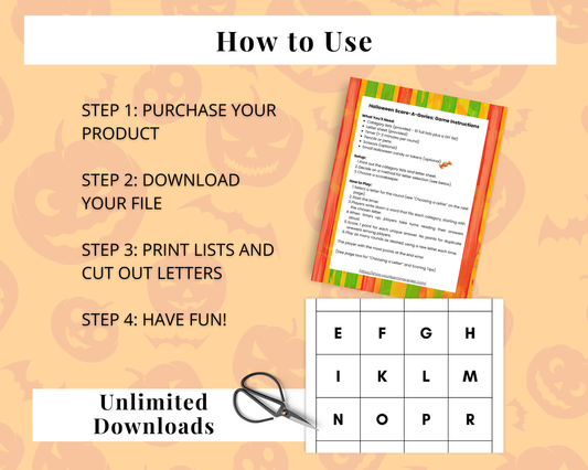 How to use with instructions for Halloween Scattergories game.  Purchase, Download, Print, Cut Out, Have Fun!