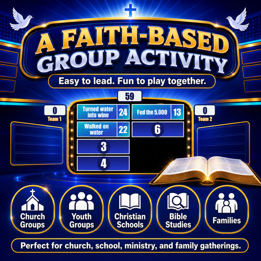Faith Feud Christian group activity for church groups, youth groups, Christian schools, Bible studies, and families