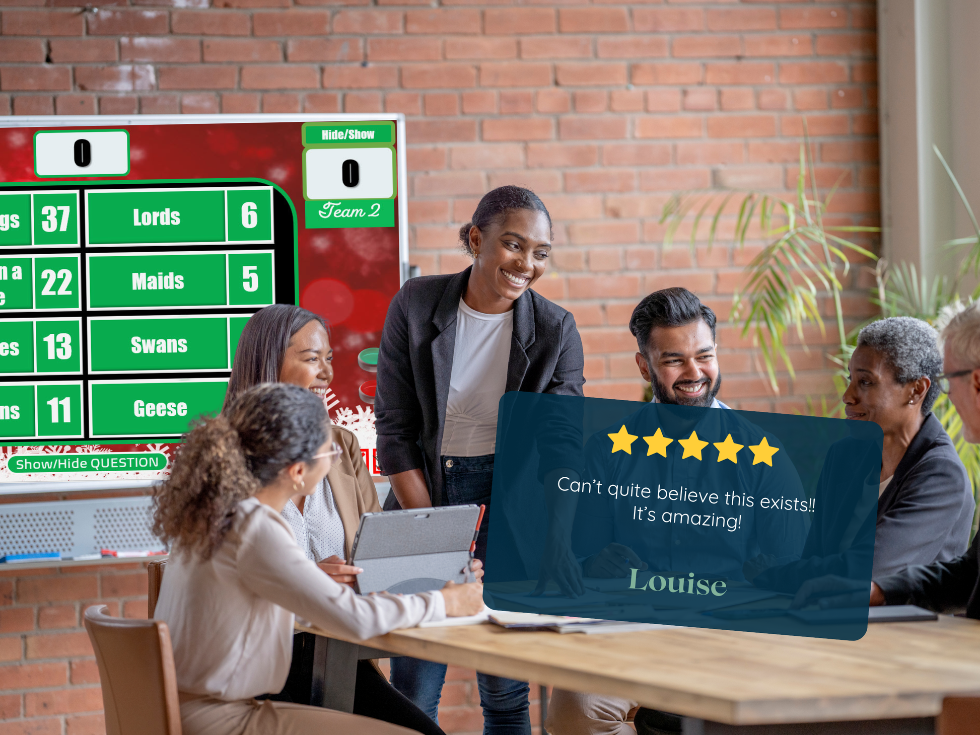 Group of people in a meeting room with a large screen displaying Christmas Family Feud game, and a five-star review card is superimposed.