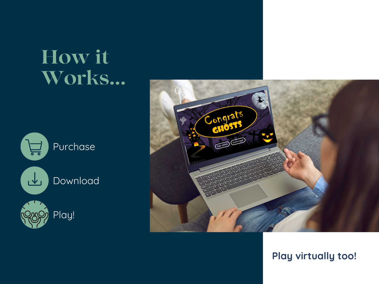 Person using a laptop playing a Halloween-themed Family Feud game