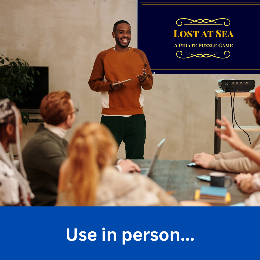 Use in person (text) along with picture of person at the front of a meeting room with Lost at Sea projected in the background.