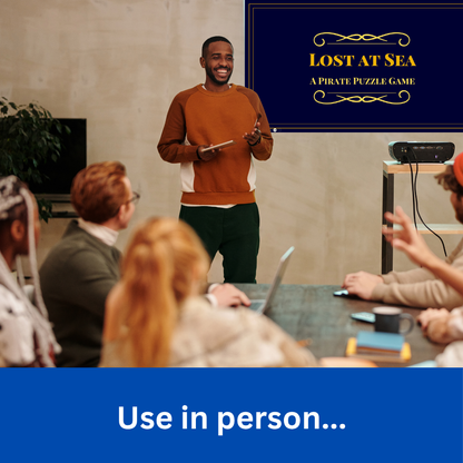 Use in person (text) along with picture of person at the front of a meeting room with Lost at Sea projected in the background.
