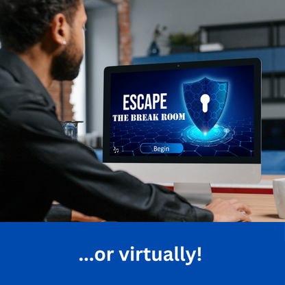 ...or virtually! (text) Man sitting at laptop looking at title slide from the Escape the Break Room team building activity.