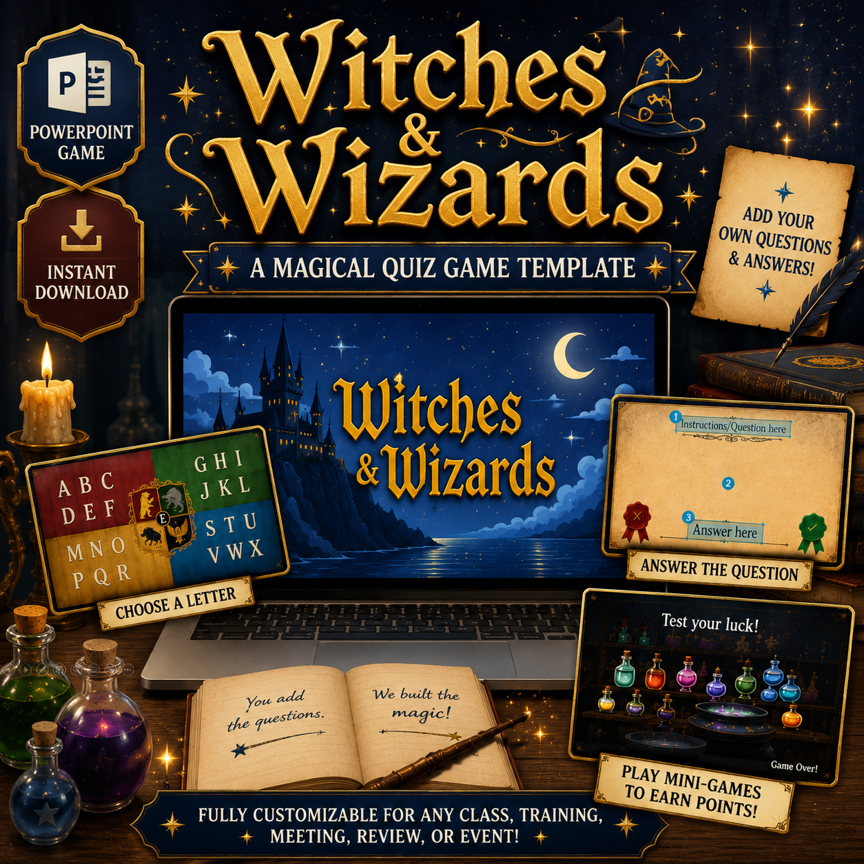 Witches & Wizards quiz game template with laptop, books, and magical elements on a dark background.