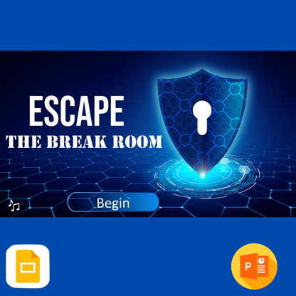 Escape The Break Room team building activity with a shield and keyhole graphic on a blue background.