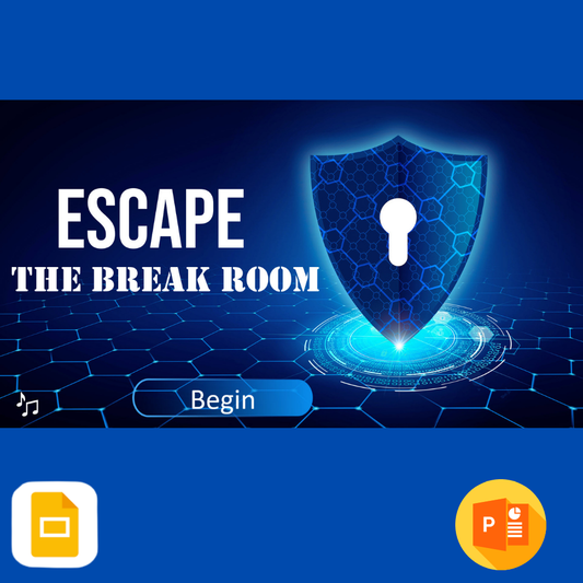 Escape The Break Room team building activity with a shield and keyhole graphic on a blue background.