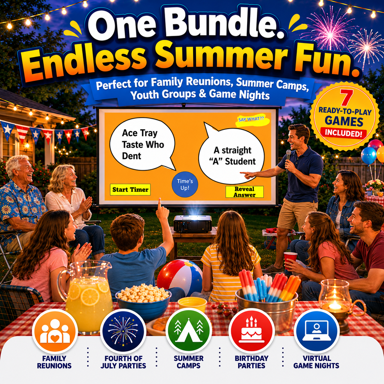 Promotional image for a product bundle offering endless summer fun with games for family reunions, summer camps, and more.