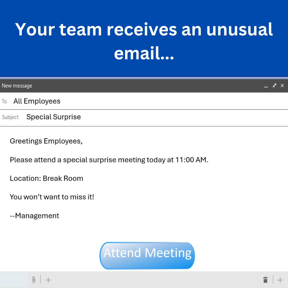 Your team receives an unusual email headline with picture of email from team building activity.