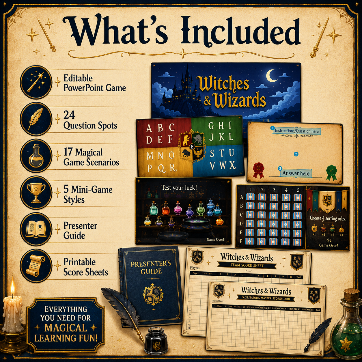 Educational game materials for 'Witches & Wizards' with various components on a decorative background.