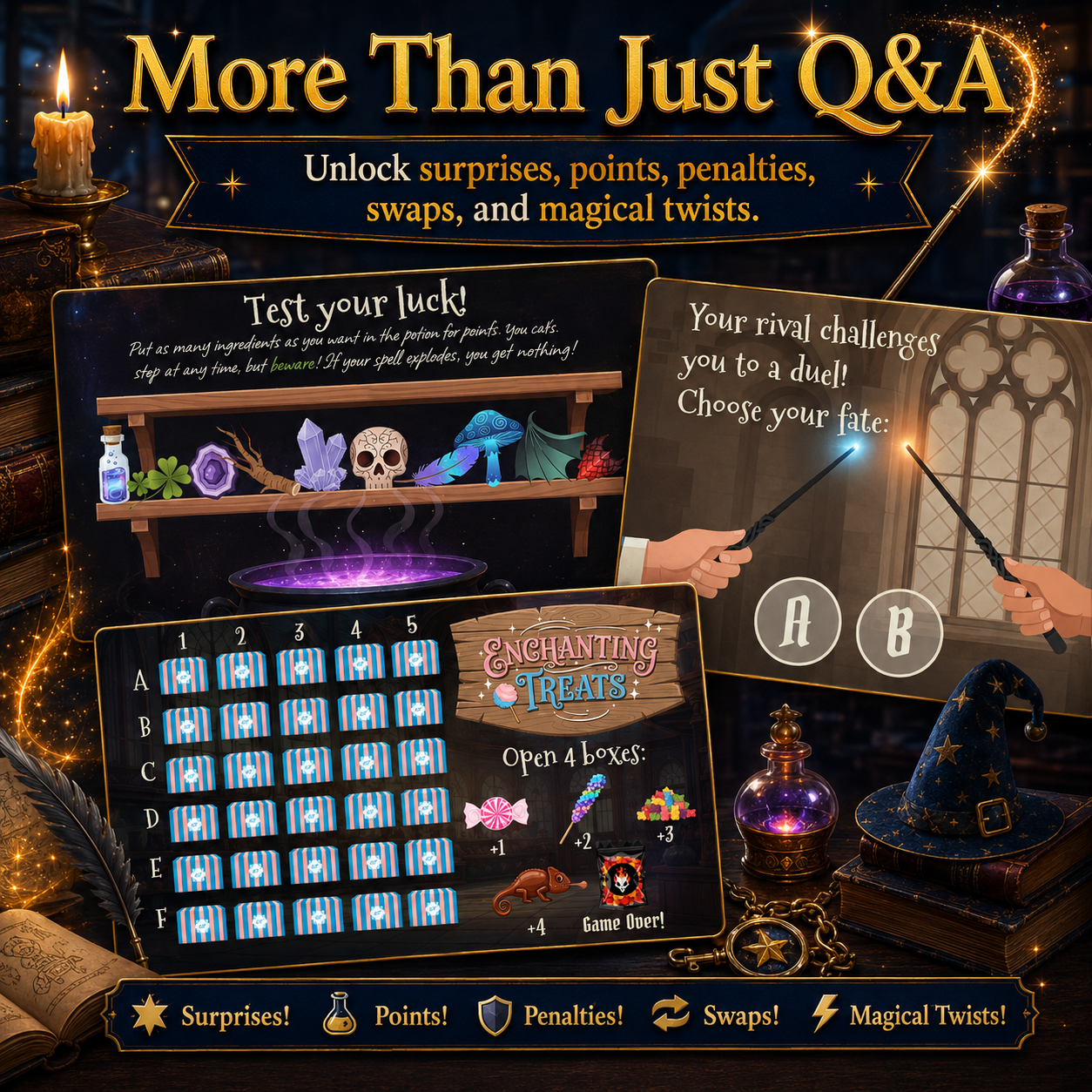 Game board with magical elements and text about surprises, points, penalties, and swaps.
