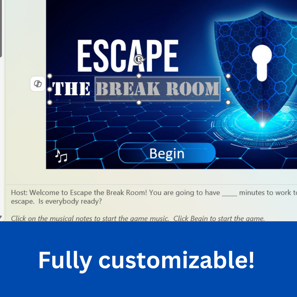 Fully customizable! Headline with screenshot from the PowerPoint Escape Room team building activity.
