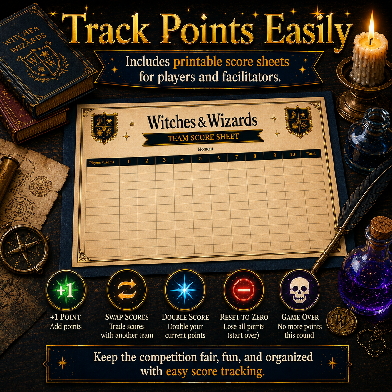 Witches & Wizards team score sheet with game rules and magical-themed decor.