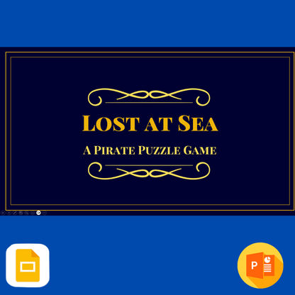 Title slide for Lost At Sea Pirate Puzzle Game team building activity.