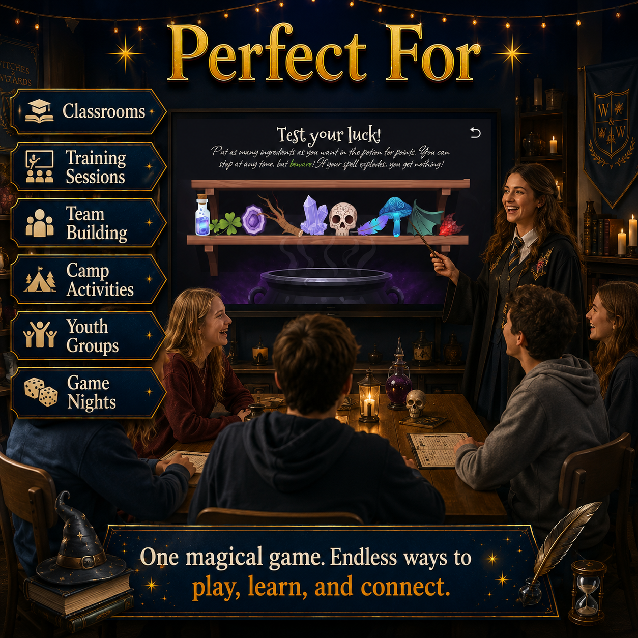 Group of people playing a magical game with a teacher in a classroom setting.
