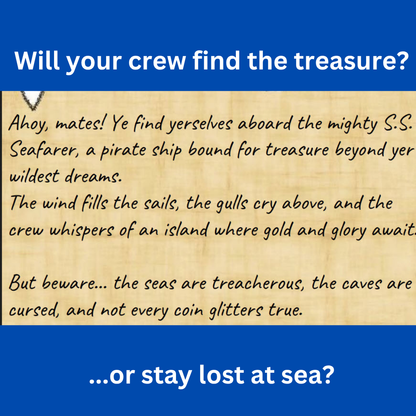 Will your crew find the treasure? ...or stay lost at sea?  Shows page from the instruction manual for the team building activity.