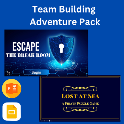 Team Building Adventure Pack with 'Escape the Break Room' and 'Lost at Sea' game titles on a blue background.