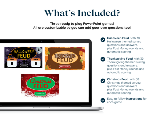 Laptop displaying Halloween, Thanksgiving, and Christmas Feud game screens with text about customizable PowerPoint games.