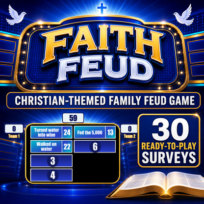 Faith Feud Christian-themed Family Feud PowerPoint game with 30 ready-to-play Bible and Christian faith surveys